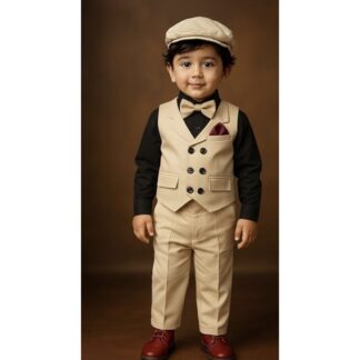 Elegant Party/ Eid / Puja / Birthday & Wedding Dress – 5-Piece Baby Boy Formal Suit Set (Maroon, Black, White Shirt) with Full Pant, Vest, Cap, & Bow Tie – Age 3-4 Years