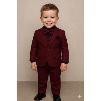 Maroon 5 Pcs Kids Blazer Party Dress Set for Boys (Shirt, Pant, Waistcoat, Blazer, Bow Tie) – White & Black Shirt Variations – 6 Months to 11 Years