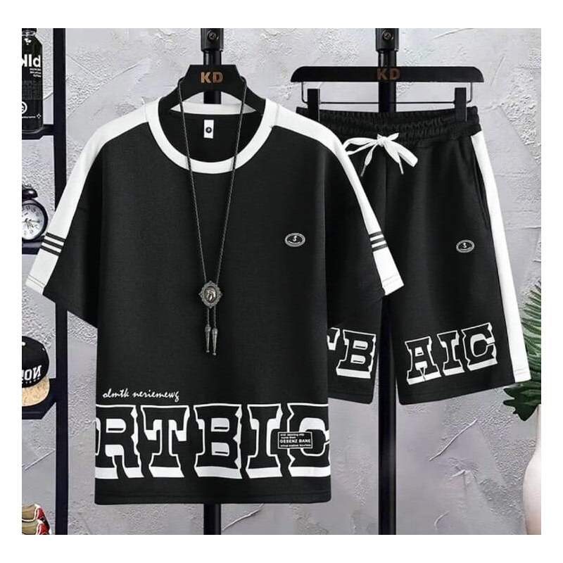 Summer Black Printed Combo Set Half Sleeve T-Shirt & Quarter Pant For Men - T Shirt & Pant For Boys