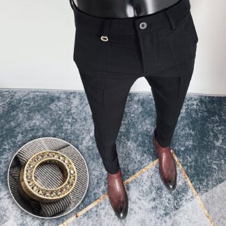 Autumn Winter High Waist Business Dress Pants Men Casual Belt Design Slim Suit Pants Formal Wedding Social Party Male Trousers