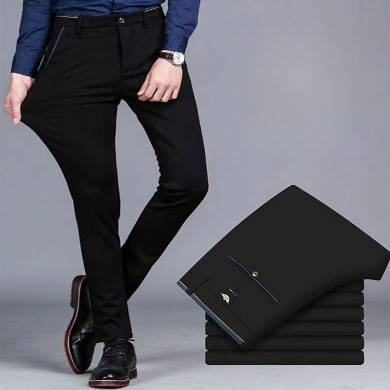 Premium Elastic Dress Trousers Men Suit Pants for Business Straight-Fit No-Iron Flat-Front Fashion Formal Pants Black Navy Blue