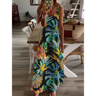 Printed Design All Seasons Collection Vacation Style Tropical Leaf Pineapple Flower Pattern Dress