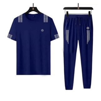 Navy Blue Color Stylist Printed Half Sleeve T-Shirt and Full Pant Set For Men - Round Neck and Perfect Casual Wear - Suitable for All Season