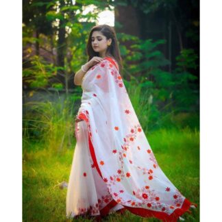 puja collection Red and White half silk Comfortable Screen print sari for Women-Suitable for Every Season