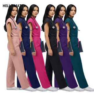 Wholesale Price Scrub Jumpsuit Pocket Medical Apparel Uniform Women Short Sleeve Overalls Hospital Clothes Beauty Salon Workwear