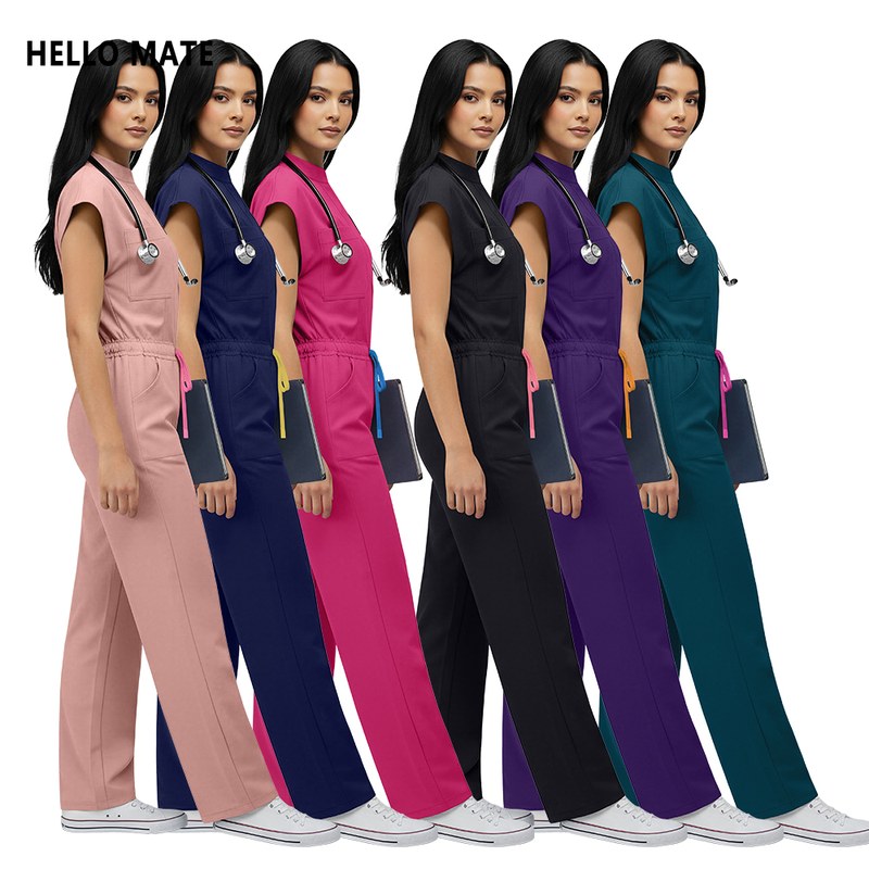 Wholesale Price Scrub Jumpsuit Pocket Medical Apparel Uniform Women Short Sleeve Overalls Hospital Clothes Beauty Salon Workwear