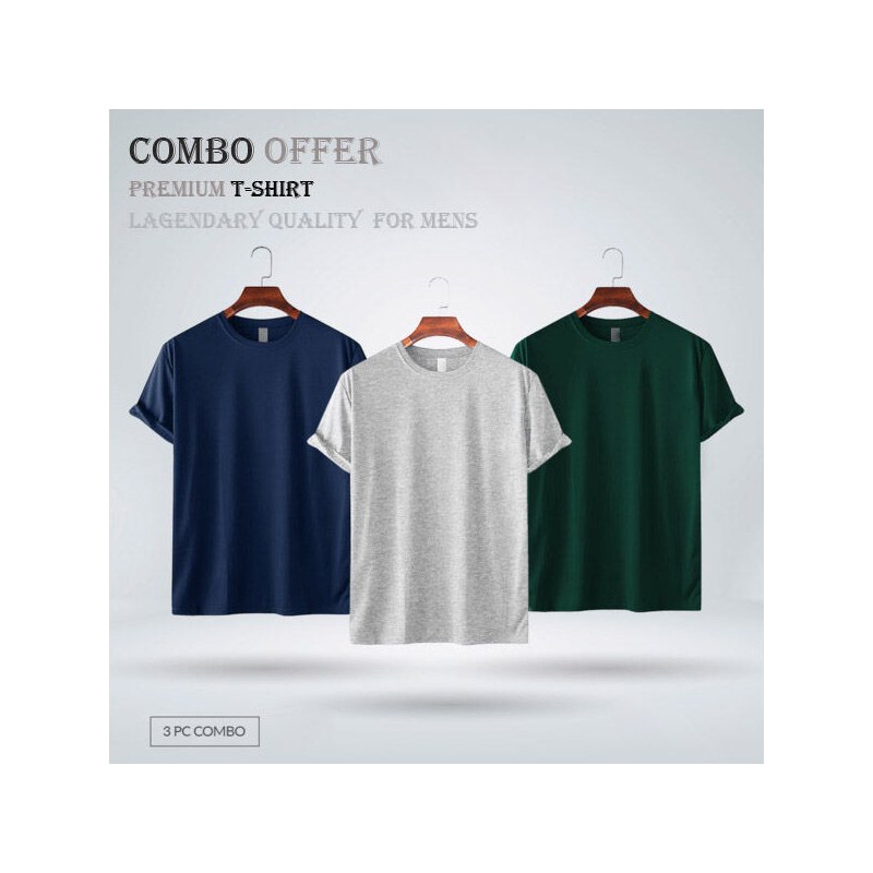 Mens Premium Blank T-shirt -Combo- NAVY, GRAY& BOTTLE GREEN Color 100% Cotton Fabrics