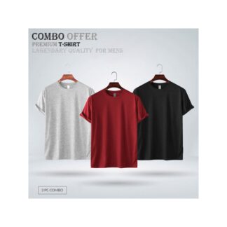 Mens Premium Blank T-shirt -Combo- , Gray Melange, Red, Black -3pcs-100% Cotton