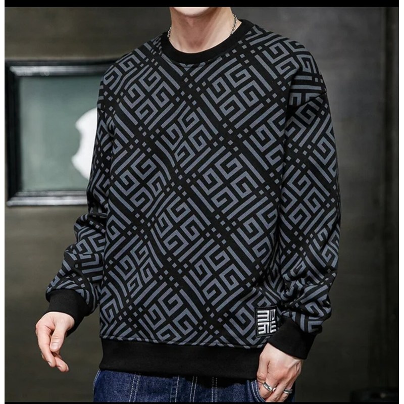 100% Cotton Round Neck Geometric Graphic Printed Lantern Long Sleeve T Shirt