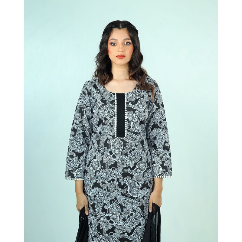 Black & White Elegant Lace 3-Piece Salwar Kameez Set – Women’s Cotton Kurta, Bottom & Flowing Dupatta