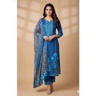 Women’s Prussian Blue Floral & Leopard Print Unstitched 3-Piece Salwar Kameez Set