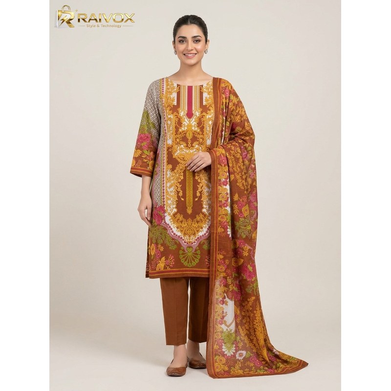 Women’s & Girls Unstitched Three Piece Salwar Kameez Set – Rust Brown Floral Printed Zam Zam Swiss Lawn 100% Pure Cotton