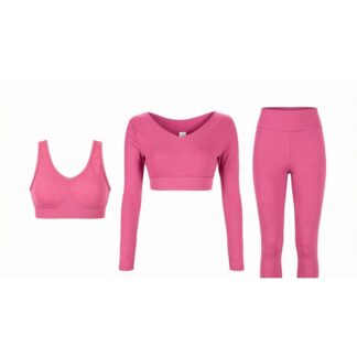 Women’s 3PCS Gym & Yoga Set – Long Sleeve Crop Top, Sports Bra & High Waist Leggings (Stretchy Fitness Wear)