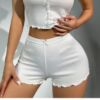 Ladies Short Pant Lettuce Trimmed Casual Cotton Blend Women's Fashion Trousers
