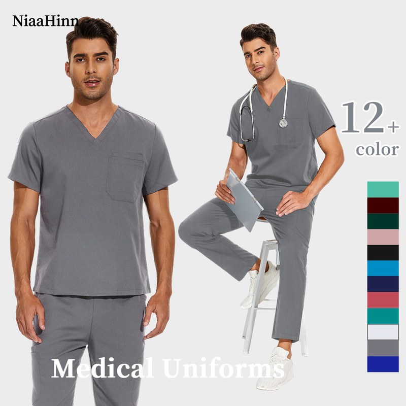 Niaahinn V Neck Scrub Tops+doctor Pant Nursing Work Clothes S-3XL Medical Uniforms Men Dentist Doctor Costume Pet Nurse Workwear