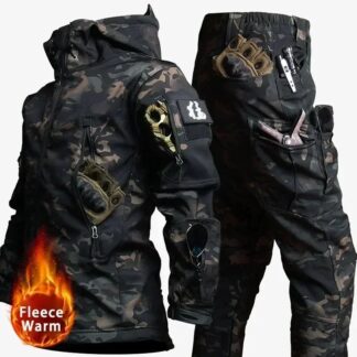 Waterproof Men Camo Set Soft Shell Fleece Winter Combat Suit Windbreak Warm Multi Pocket Outdoors Training Uniform