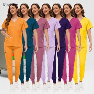 Short Sleeve Nursing Uniform Women Scrubs Uniform Suit V-neck Tops+jogger Pants Multicolor Pet Doctor Scrub Medical Workwear Set